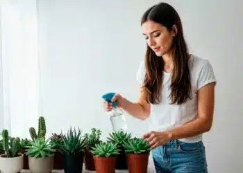 Mulher regando suculentas em vaso, cuidando das plantas em ambiente interno.