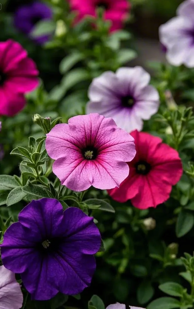 Petúnias coloridas florescendo, representando a beleza da primavera.