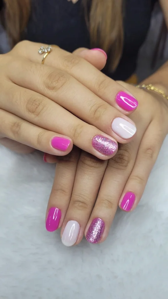 Unhas decoradas com glitter delicado, combinando rosa cremoso e glitter prateado no dedo anelar.