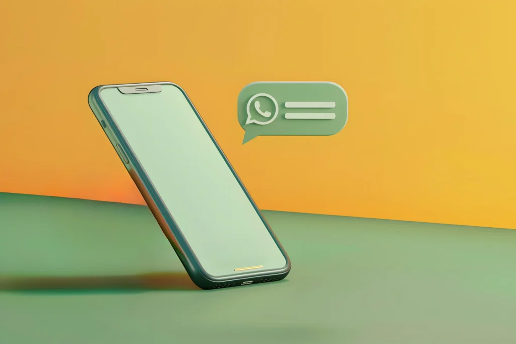 Imagem de celular com ícone do WhatsApp flutuando em fundo colorido.