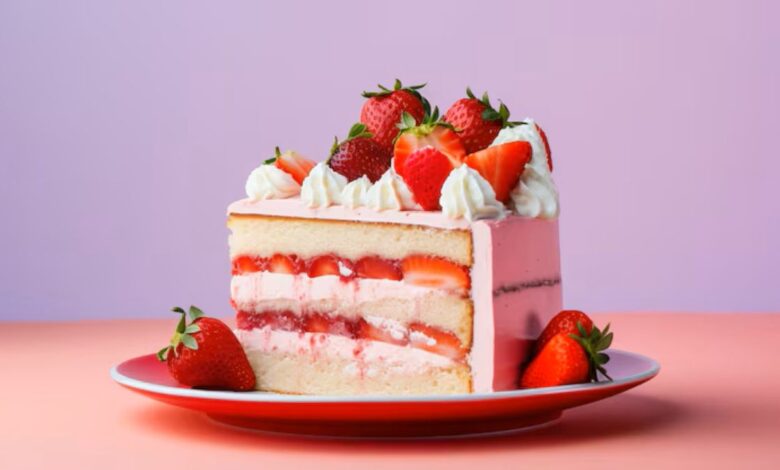 Fatia de bolo de leite ninho com morangos frescos e camadas de recheio cremoso em um prato vermelho vibrante, com fundo em degradê rosa e roxo.