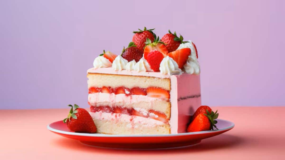 Fatia de bolo de leite ninho com morangos frescos e camadas de recheio cremoso em um prato vermelho vibrante, com fundo em degradê rosa e roxo.