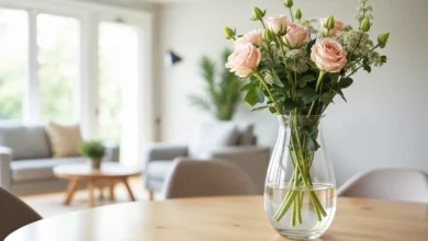 rranjo simples de flores em um vaso de vidro, em ambiente moderno, transformando a decoração com toques de frescor e elegância.
