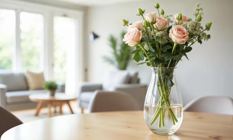 rranjo simples de flores em um vaso de vidro, em ambiente moderno, transformando a decoração com toques de frescor e elegância.