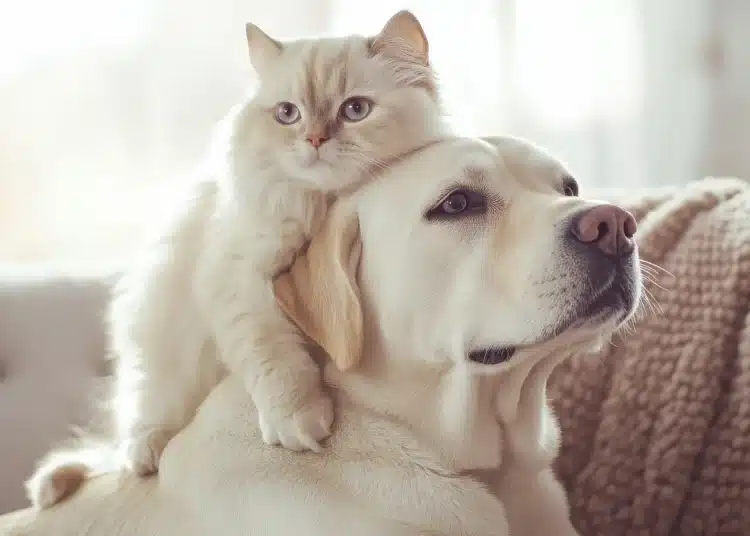 Esta imagem mostra um cão e um gato convivendo de maneira harmoniosa, mas é essencial que, ao cuidar de seus animais de estimação, você também se atente à presença de plantas tóxicas no ambiente.