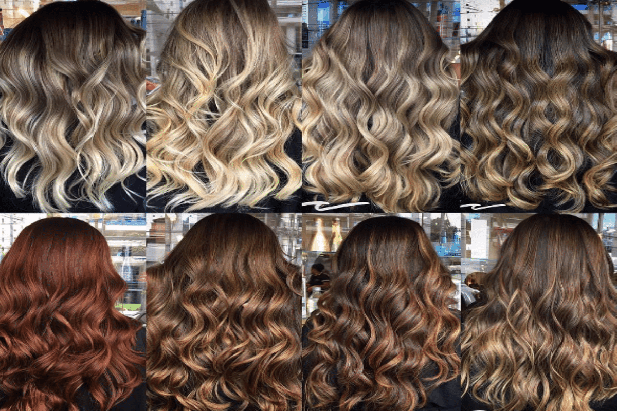 Vários cabelos femininos com ondas em diferentes tons, incluindo loiro, castanho, mel e ruivo, mostrados de costas.