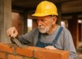 Pedreiro idoso com capacete de segurança, aplicando argamassa em tijolos, representando a vitória da justiça na concessão de aposentadoria especial para a categoria.