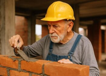 Pedreiro idoso com capacete de segurança, aplicando argamassa em tijolos, representando a vitória da justiça na concessão de aposentadoria especial para a categoria.