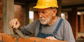 Pedreiro idoso com capacete de segurança, aplicando argamassa em tijolos, representando a vitória da justiça na concessão de aposentadoria especial para a categoria.
