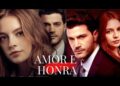 Retrato dos protagonistas da novela turca Amor e Honra, mostrando casal masculino e feminino em expressão séria