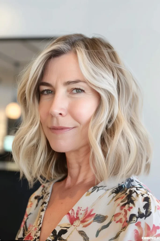 Mulher com cabelo blunt bob alongado, com ondas suaves e comprimento na altura dos ombros.