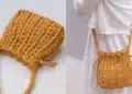 Bolsa de crochê amarela com alças longas e design trançado.