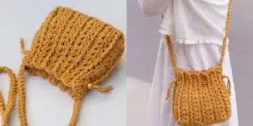 Bolsa de crochê amarela com alças longas e design trançado.