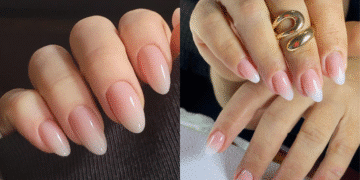 Montagem dupla mostrando dois estilos de unhas baby-boomer: um mais longo no formato amendoado e outro mais curto com anel, ambos com o efeito degradê de branco para nude.