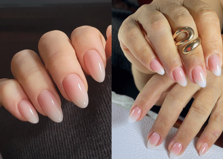Montagem dupla mostrando dois estilos de unhas baby-boomer: um mais longo no formato amendoado e outro mais curto com anel, ambos com o efeito degradê de branco para nude.