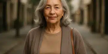 Mulher idosa sorrindo em rua da cidade