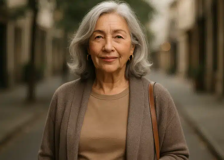 Mulher idosa sorrindo em rua da cidade