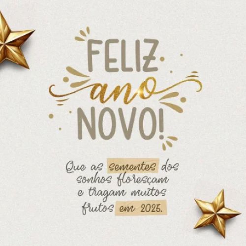 Feliz Ano Novo com estrelas douradas e mensagem positiva