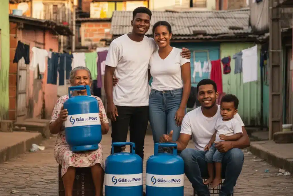 Famílias brasileiras recebem botijões do programa Gás do Povo, política pública lançada para ampliar o acesso ao gás de cozinha.