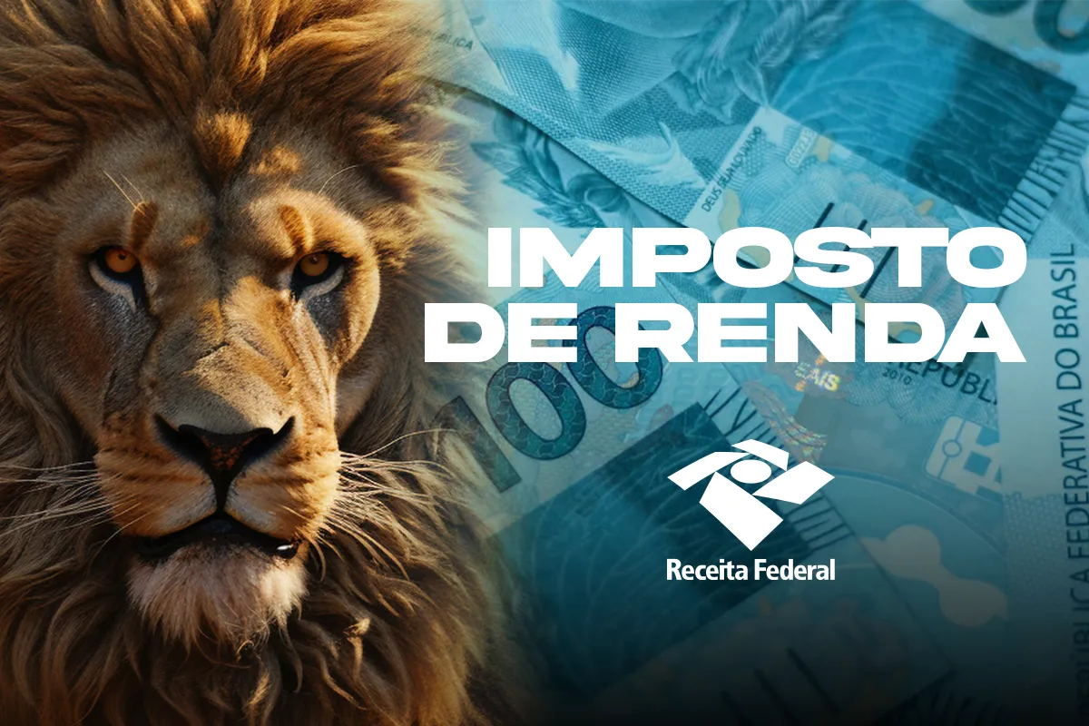 Ações da Receita Federal no Combate a Inconsistências no Imposto de Renda Leão com dinheiro representando o Imposto de Renda, com foco em ações da Receita Federal e irregularidades em declarações de ajuste anual, especialmente para pessoas de alta renda.