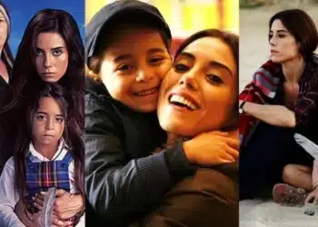 Três cenas de séries mostrando crianças com adultos em momentos emocionantes e dramáticos