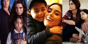 Três cenas de séries mostrando crianças com adultos em momentos emocionantes e dramáticos