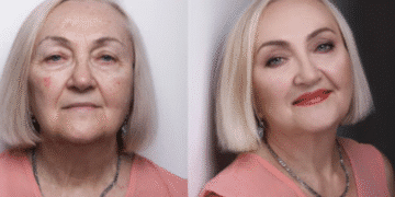 Mulher idosa com cabelo loiro curto olhando diretamente para a câmera sem maquiagem e expressão neutra