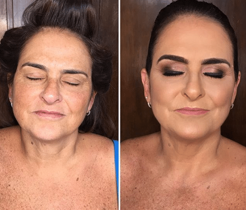 Mulher com pele madura exibindo rosto sem maquiagem, olhos fechados e expressão tranquila