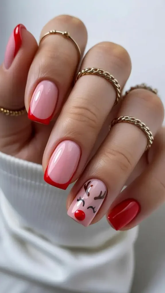 Unhas com francesinha vermelha e design minimalista de rena, perfeito para o Natal.