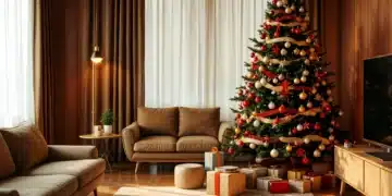 Árvore de Natal decorada com bolas vermelhas, douradas e laços, com presentes sob a árvore, em uma sala moderna e aconchegante.