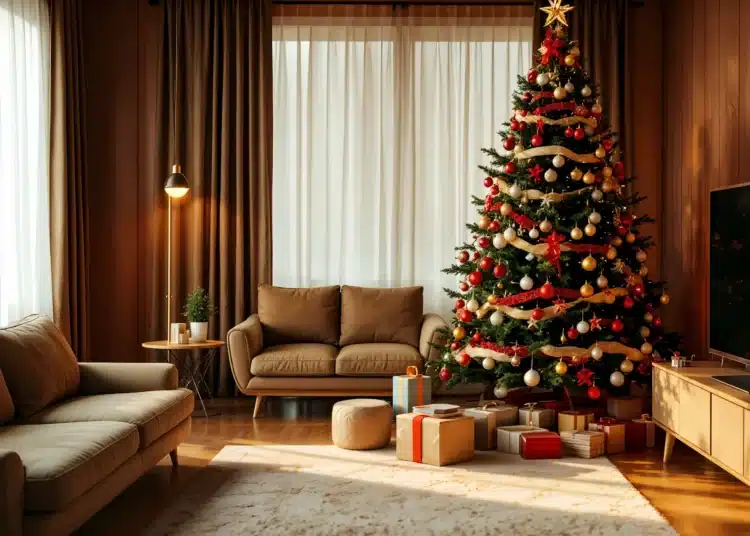 Árvore de Natal decorada com bolas vermelhas, douradas e laços, com presentes sob a árvore, em uma sala moderna e aconchegante.