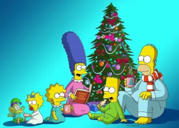 Família Simpson reunida ao redor da árvore de Natal em cena festiva.