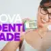 Pessoa sorrindo e segurando sua nova carteira de identidade brasileira, com o texto 'Nova Identidade' em destaque.