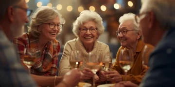 Grupo de amigos idosos celebrando e brindando com taças de vinho em ambiente festivo, sugerindo um encontro de Réveillon 2026.