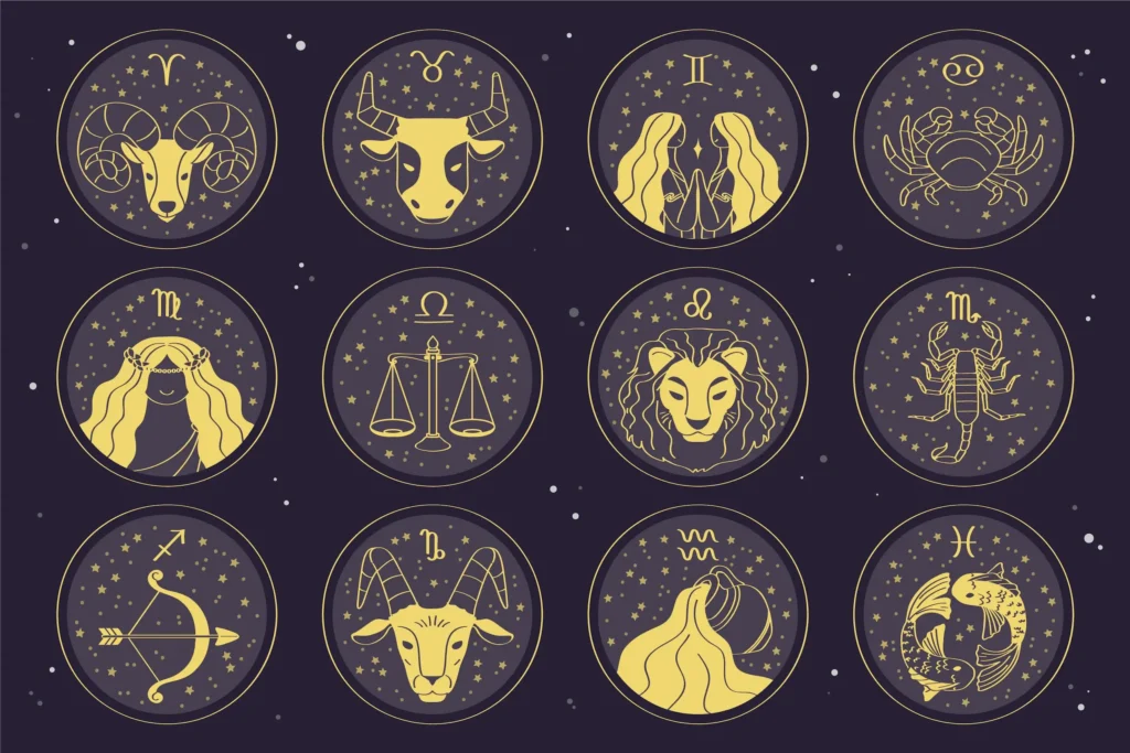 Signos do Zodíaco - Horóscopo de Novembro Ilustração dos doze signos do zodíaco em estilo dourado sobre fundo estrelado.