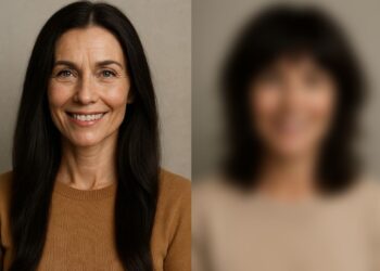 Mulher com cabelo longo escuro e outra borrada, simbolizando a comparação de cortes para rejuvenescimento.