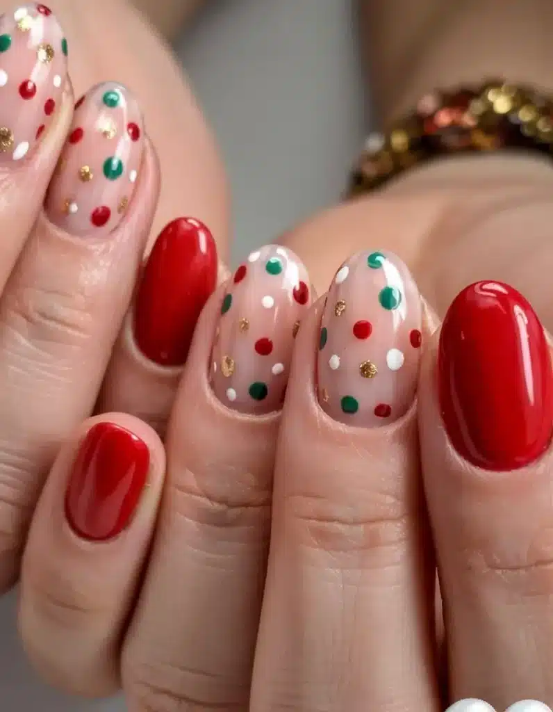 Unhas com bolinhas coloridas em vermelho, verde e dourado, inspiradas nas decorações de Natal.
