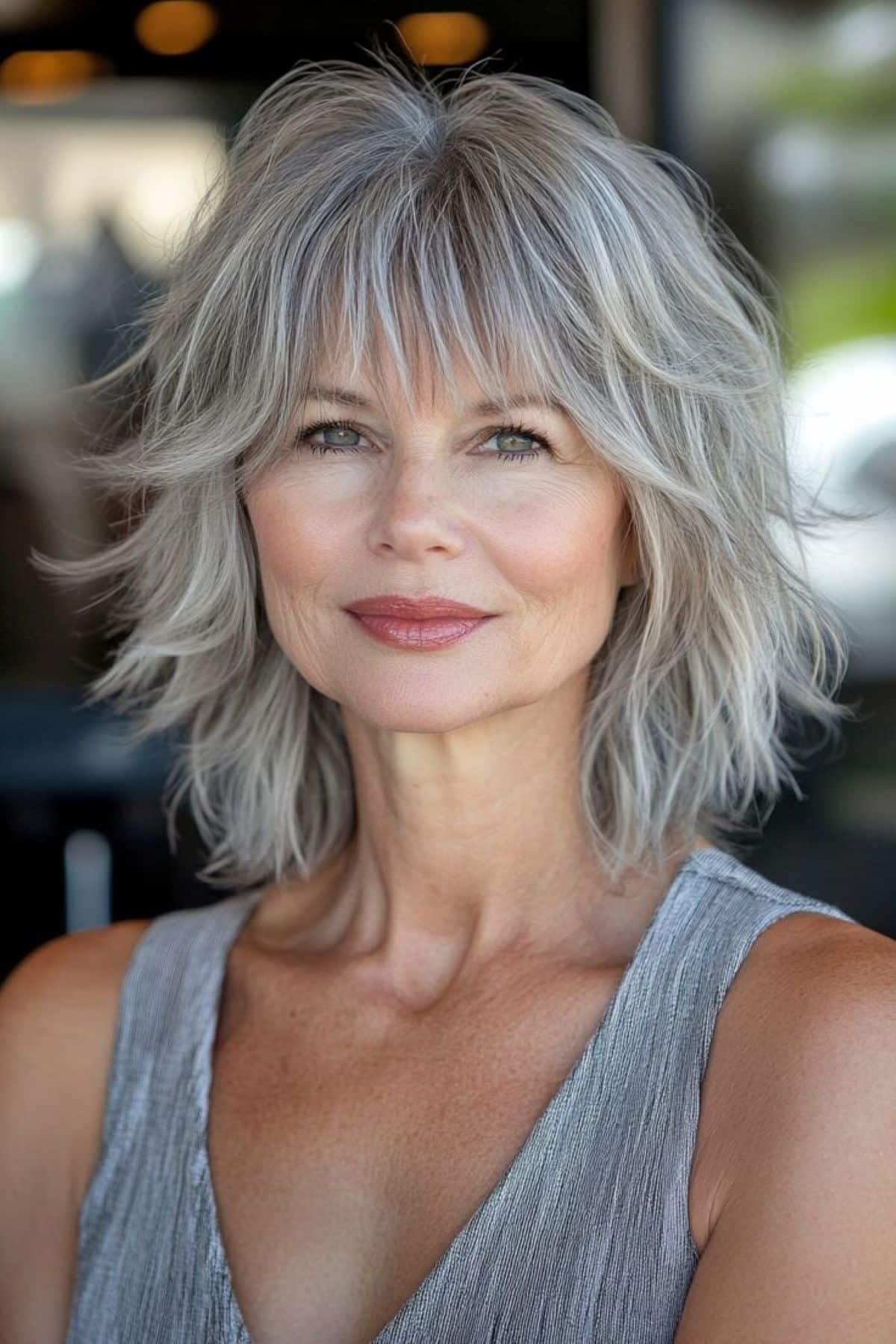 Mulher com corte de cabelo loiro, com franja e camadas desconectadas, que rejuvenesce o visual.