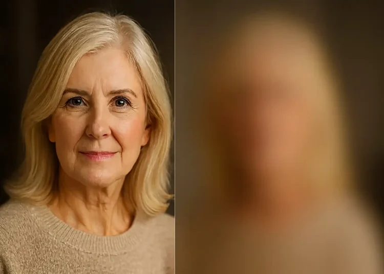 Mulher com cabelo loiro e estilo moderno, refletindo a tendência viral da cor de cabelo que rejuvenesce.