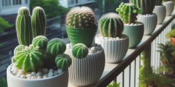 Varanda decorada com diferentes tipos de cactos em vasos brancos e verdes, criando um cantinho verde aconchegante.