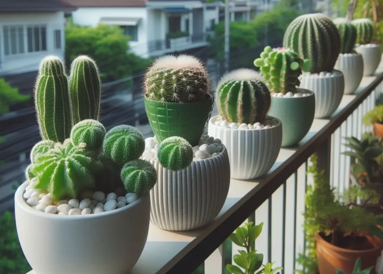 Varanda decorada com diferentes tipos de cactos em vasos brancos e verdes, criando um cantinho verde aconchegante.
