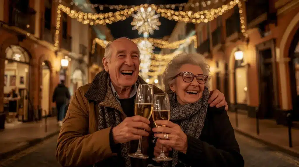 Casal de idosos celebrando o Ano Novo em Gramado, com taças de champanhe, em uma rua iluminada e festiva.