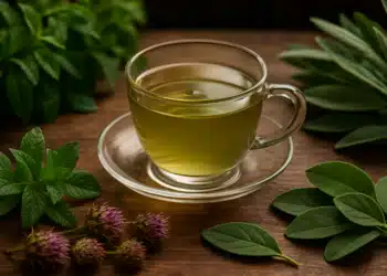 Xícara de chá de ervas rodeada por folhas e flores em uma mesa de madeira