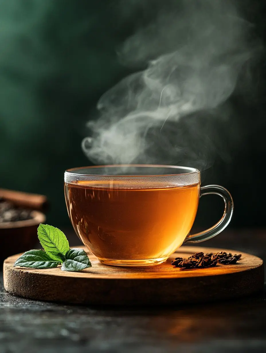 Chá de ervas fumegante, representando as ervas poderosas que ajudam a desinflamar o fígado, com folhas frescas e especiarias