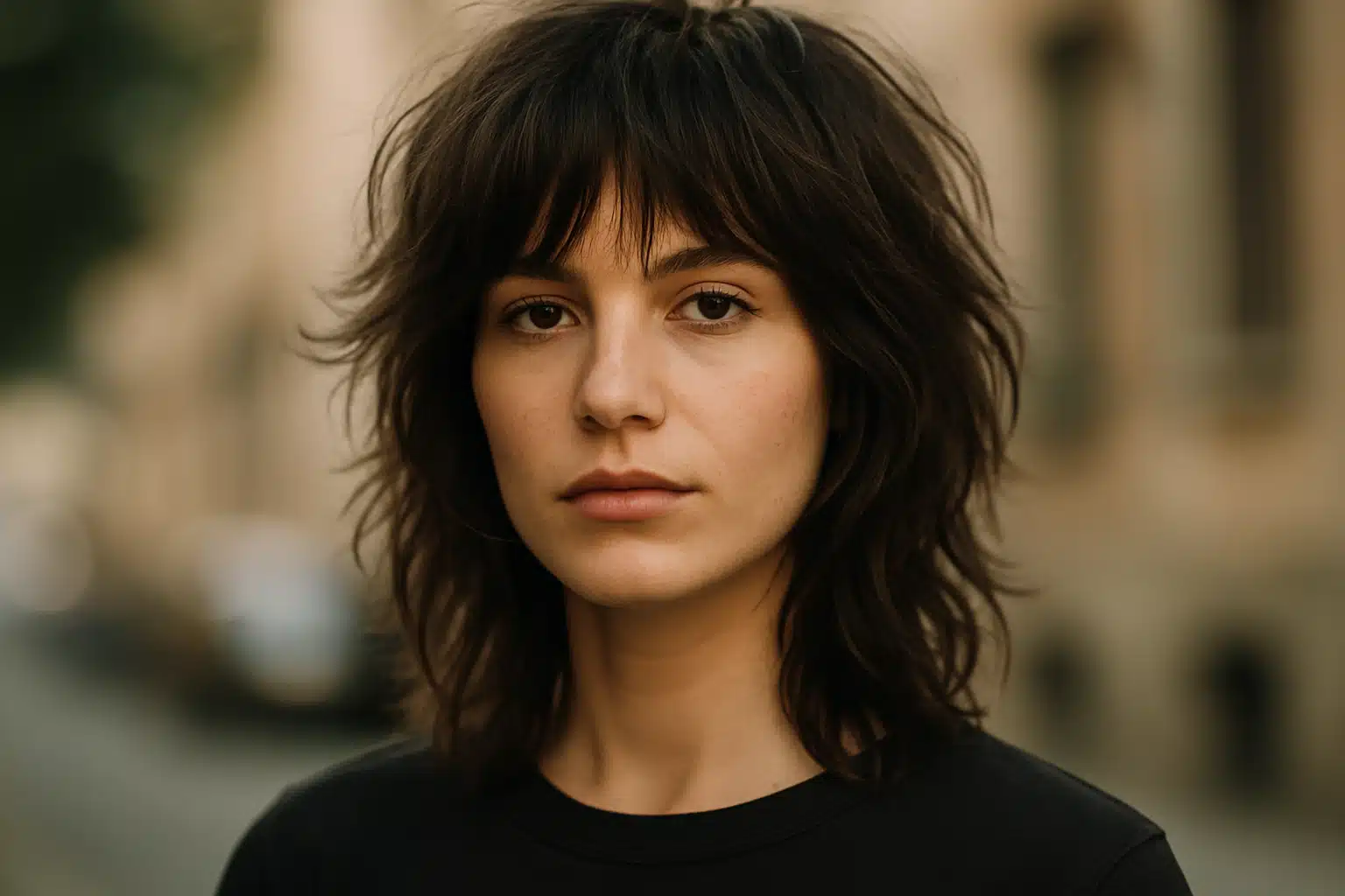 Mulher jovem de cabelos castanhos e curtos posa ao ar livre