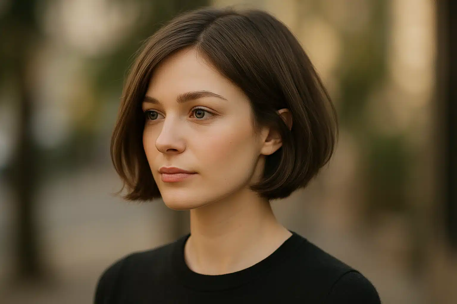  Retrato de uma mulher de cabelos curtos em ambiente externo desfocado