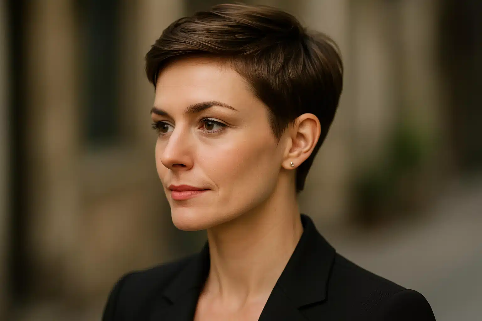  Mulher de cabelo curto castanho usando blazer preto em ambiente externo