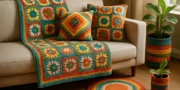 : Decoração aconchegante com crochê colorido na sala