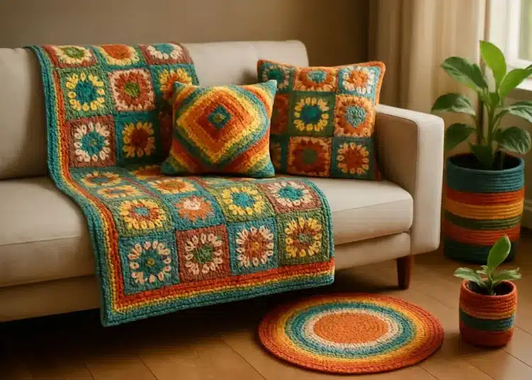 : Decoração aconchegante com crochê colorido na sala