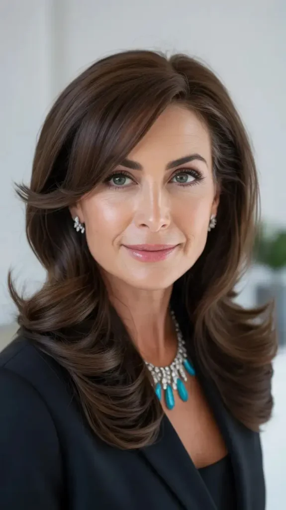 Mulher com cabelo castanho glossy em perfil, destacando o brilho natural e saudável.